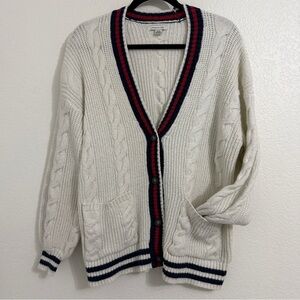 AMERICAN EAGLE Red White Blue Preppy Chunky Cable Knit Button Cardigan‎ Small
